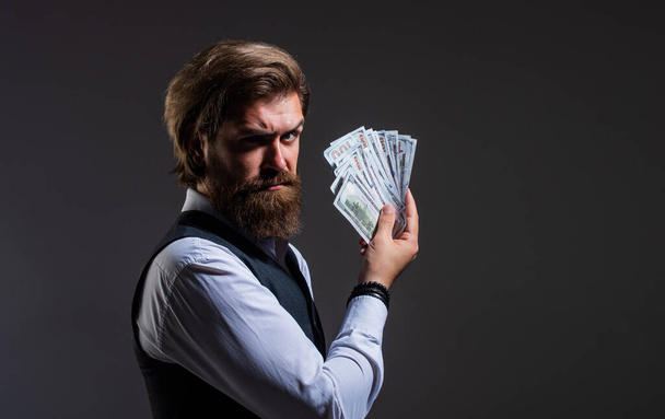 Rich man hold money cash financial success, economy crisis concept - Фото, зображення