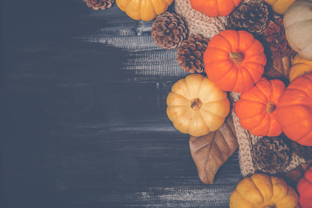 Top view of Halloween day and Thanksgiving day, orange pumpkin, yellow pumpkin, white pumpkin, Knitting sweater and pinecone on dark background with copy space for text. Halloween concepts, Thanksgiving concepts. - Foto, afbeelding
