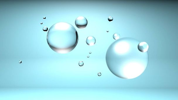 3d illustratie. Druppels water van verschillende grootte op een grijze achtergrond - Foto, afbeelding