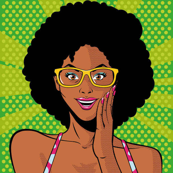 afro γυναικείο πρόσωπο με γυαλιά, έκπληξη, στυλ ποπ τέχνη - Διάνυσμα, εικόνα