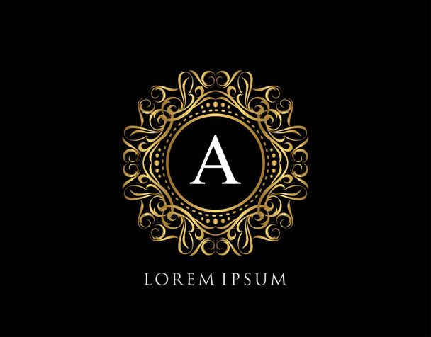 Badge calligrafico con lettera A Design. Illustrazione ornamentale di lusso logo dorato disegno vettoriale. - Vettoriali, immagini