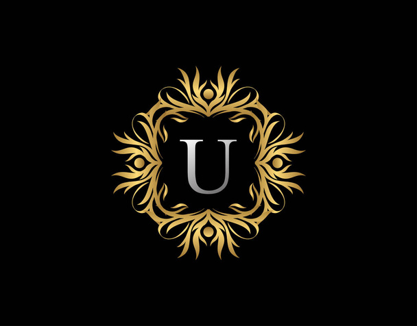 Callygraphic jelvény U Letter logó. Luxus arany vintage embléma gyönyörű ízléses virágdísz. Vintage Frame design Vektor illusztráció. - Vektor, kép