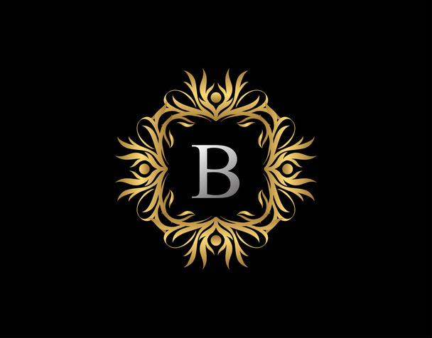 Callygraphic Badge B Letter Logo. Luxe gouden vintage embleem met mooie stijlvolle bloemen ornament. Vintage Frame ontwerp Vector illustratie. - Vector, afbeelding