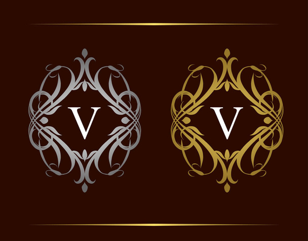 Royal Badge V Letter Logo. Luxe vintage embleem met mooie stijlvolle bloemen ornament. Vintage Frame ontwerp Vector illustratie. - Vector, afbeelding