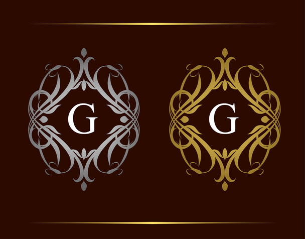 Royal Badge G Letter Logo. Luxuriöses Vintage-Emblem mit wunderschönem floralen Ornament. Vintage Frame Design Vektor Illustration. - Vektor, Bild