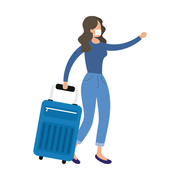 young woman wearing medical mask with suitcase character - Vetor, Imagem