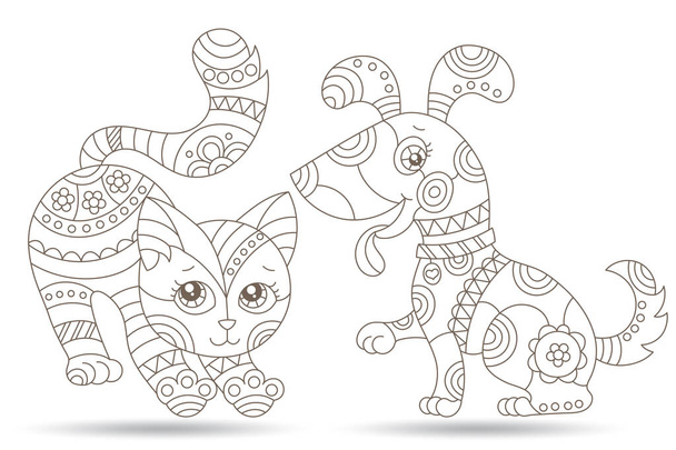 Set di elementi di contorno in vetro colorato con gatto e cane, immagini di contorno isolate su sfondo bianco - Vettoriali, immagini