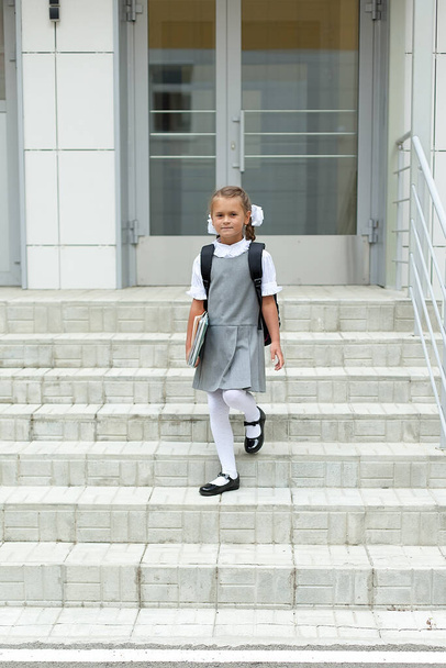 A first-grader walks up the steps of the school. Day of knowledge. September 1. - Фото, изображение