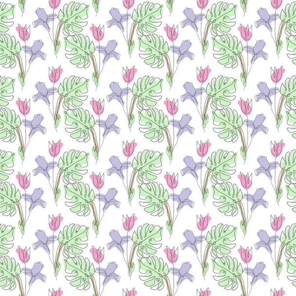 Elegant seamless pattern with tulip, iris and monstera, design elements. Floral  pattern for invitations, cards, print, gift wrap, manufacturing, textile, fabric, wallpapers. Continuous line art style - Vettoriali, immagini