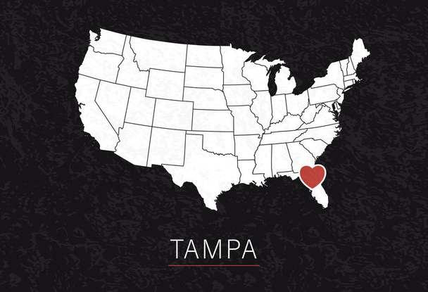 Love Tampa Picture. Carte des États-Unis avec Heart comme City Point. Illustration vectorielle - Vecteur, image