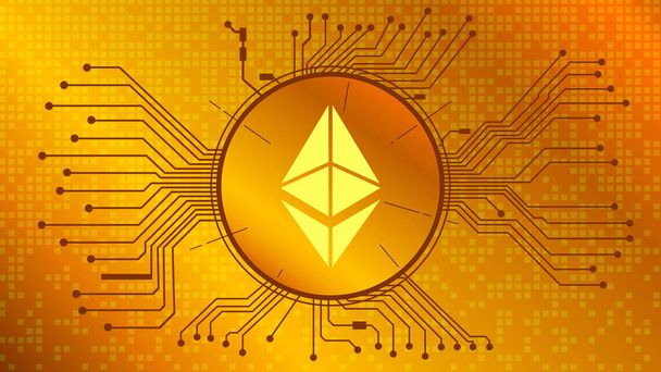 Ethereum cryptogeld token symbool, ETH munt pictogram in cirkel met pcb op gouden achtergrond. Digitaal goud in techno stijl voor website of banner. Vector EPS10. - Vector, afbeelding