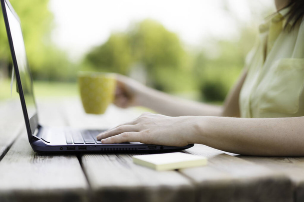 Young woman typing on laptop keyboard - Working in a public park with new technology trends in the nature - Learning and Working everywhere - Technology and remote work concept - Soft selective focus - Photo, Image