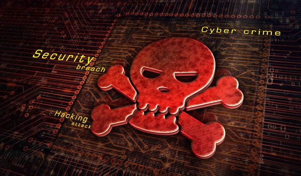 Cyber crime, security breach, hacking computer protection, piracy and data theft technology with skull metal symbols. Abstract concept 3d rendering illustration. - Photo, Image