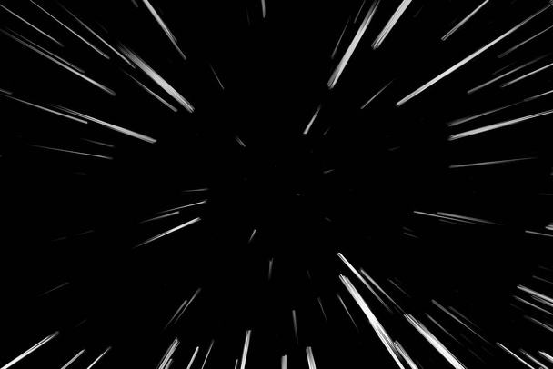 Líneas blancas Bokeh sobre fondo negro, abstracción, velocidad abstracta movimiento de la luz borrosa textura, partícula o espacio viajando, efecto de extrusión en blanco y negro, ilustración - Foto, Imagen