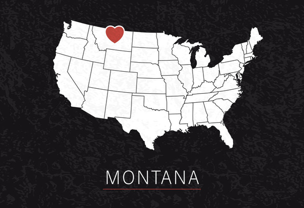 Λατρεύω τη Μοντάνα. Χάρτης των Ηνωμένων Πολιτειών με την καρδιά ως City Point. Εικονογράφηση διανύσματος - Διάνυσμα, εικόνα