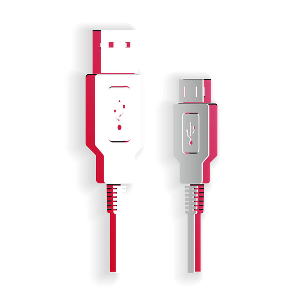 Paper cut USB Micro cables icon isolated on white background. Connectors and sockets for PC and mobile devices. Smartphone recharge supply. Paper art style. Vector. - Vector, Image
