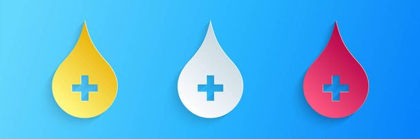 Paper cut Blood drop icon isolated on blue background. Donate drop blood with cross sign. Donor concept. Paper art style. Vector. - Vector, Image