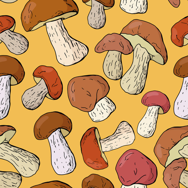 Autumnal seamless pattern. White mushrooms. Cartoon style. Stock illustration. Design for wallpaper, fabric, packaging. - Vector, Image