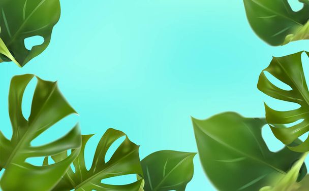 Tropische Blätter auf blauem Hintergrund, tropische Laubmonstera mit spaltendem Laub, das in freier Wildbahn wächst. Banner mit botanischen Elementen, Gesundheits-Kosmetika, Medizin. 3D Vektor Illustration - Vektor, Bild