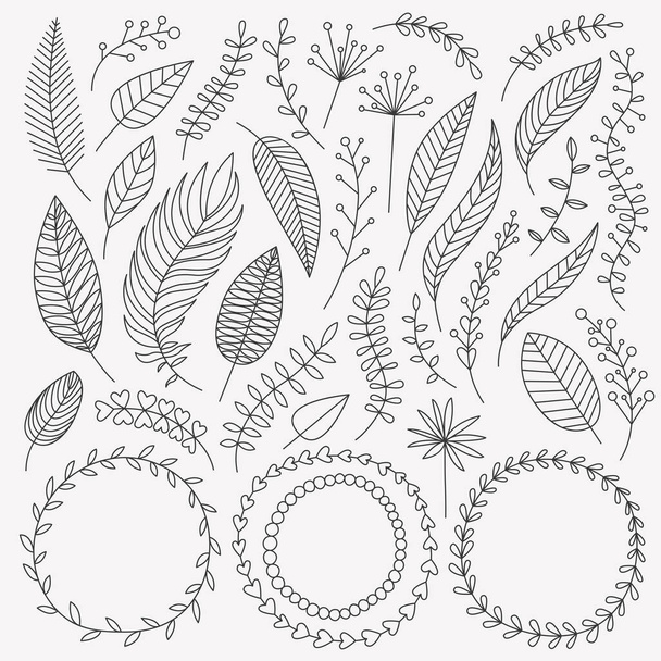 Vector hand drawn nature elements set. Leaves, berries, twigs, wreaths on black background with dots. Good for greeting cards, wedding and birthday invitation, web page decor. - Vektör, Görsel