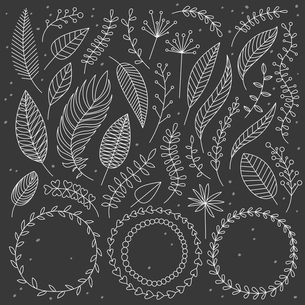 Vector hand drawn nature elements set. Leaves, berries, twigs, wreaths on black background with dots. Good for greeting cards, wedding and birthday invitation, web page decor. - Vettoriali, immagini