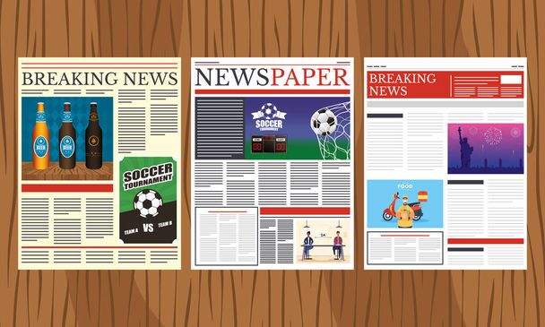 news papers leafs columns communication in wooden background - Vector, Image
