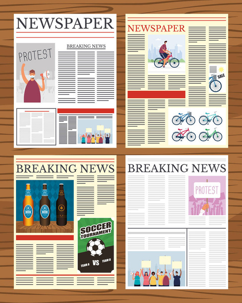 jornais de notícias folhas colunas comunicação em fundo de madeira - Vetor, Imagem
