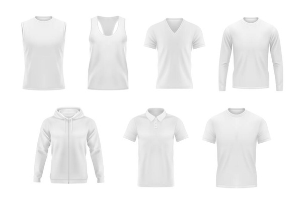 Koszulka wektorowa męskiej odzieży, bluza z kapturem i polo z makietą odzieżową z długim rękawem. Realistyczne 3d męskiej odzieży i bielizny biały szablon. Puste projektowanie odzieży, zestaw wyodrębnionych przedmiotów - Wektor, obraz