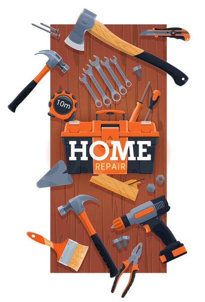 Zestaw narzędzi do naprawy domu. Skrzynka narzędziowa, siekiera i młotek, klucze lub klucze, śrubokręt, szczypce i nóż użytkowy, płaszczyzna podnośnika, kielnia i pędzel do malowania, taśma pomiarowa, gwóźdź, śruba i wektor szałasu - Wektor, obraz