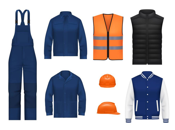 Στολή εργασίας και ρούχα των εργαζομένων, διανυσματικά ρεαλιστικά σακάκια ασφαλείας και συνολικά γιλέκα. Εργασία φορούν κοστούμια ένδυσης και ενδύματα στολή για την κατασκευή και τους κατασκευαστές, κράνος hardhat και τα mockups παντελόνι - Διάνυσμα, εικόνα