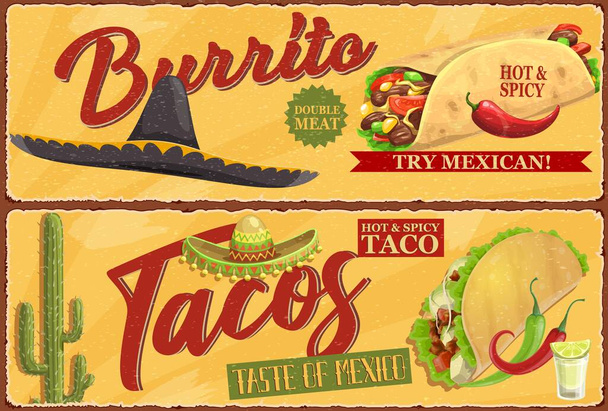 Meksykańskie burrito i tacos retro banery. Kuchnia meksykańska, jedzenie na ulicy z mięsem, sałatką, ostrym pieprzem i serem. Kapelusz Sombrero, pustynny kaktus i szklanka tequili z wektorem cytrynowym - Wektor, obraz