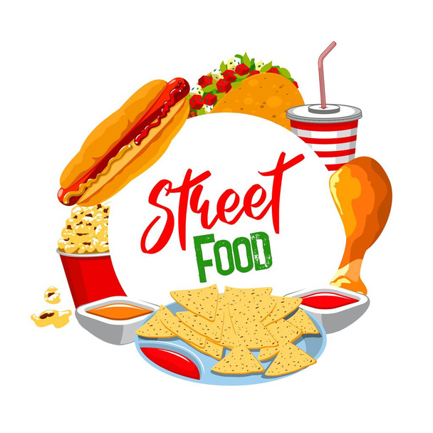 Fast Food rundes Banner, Vektor Hot Dog, Tacos und Cola-Drink im Becher mit Stroh. Hühnerkeulen, Ketchup, Senfsauce und Nachos-Chips mit Popcorn. Isolierter Cartoon-Rahmen mit Straßengerichten zum Mitnehmen - Vektor, Bild