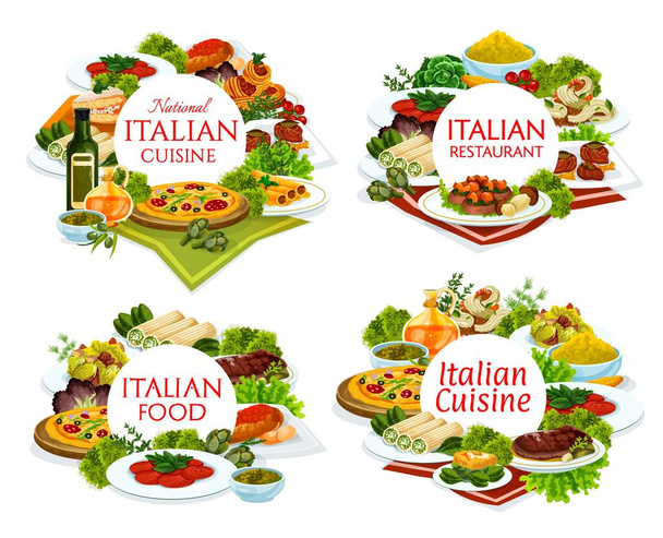 Italian cuisine restaurant dishes round banners. Pizza, veal with porcini mushrooms and carpaccio, eggs florentine, polenta and beef cannelloni, Caesar salad, spaghetti and shrimp tagliatelle vector - Vector, Image