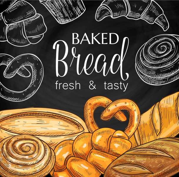 焼きパンとペストリーの黒板のスケッチベクトル。ウィーン小麦とスパイラルライ麦パン、バターとブロマーローフ、ドイツ語のプレッツェルとフランスのクロワッサン、ユダヤ人のチャラチョークのイラスト。ベーカリーショップバナー - ベクター画像