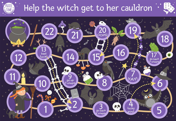 Halloween board game for children with cute witch and scary animals. Educational boardgame with bat, broom, black cat, spider. Help the witch get to her cauldron. Funny printable activity. - Vector, Image