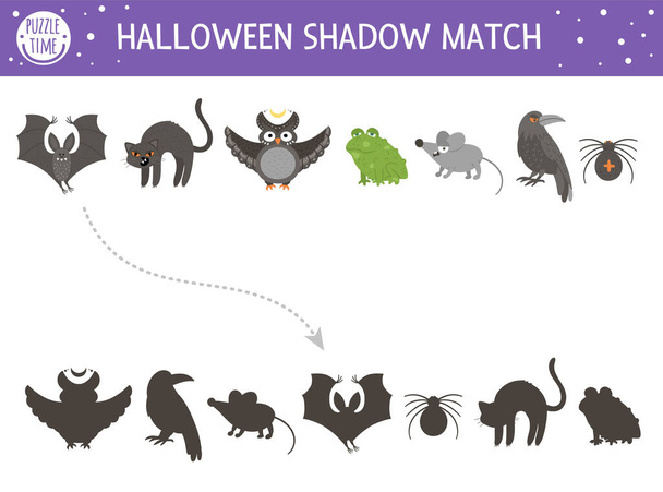 Halloween shadow matching activity for children. Autumn puzzle with scary animals. Educational game for kids with black cat, bat, owl, raven, spider. Find the correct silhouette printable worksheet. - Vektor, kép