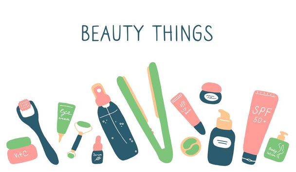 Beauty things. Products, cosmetics, tools devices for beauty. Skin, body and hair care. Vector flat illustration. - ベクター画像