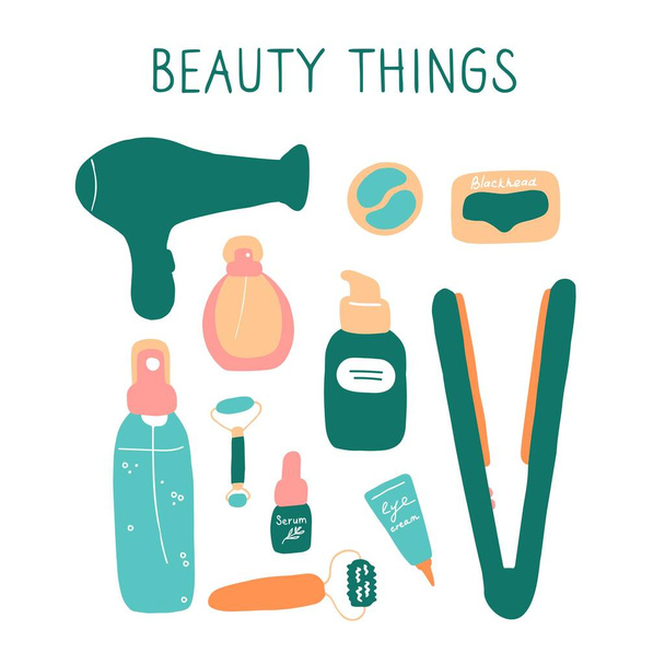 Beauty things. Products, cosmetics, tools, devices for beauty. Skin, body and hair care. Vector flat hand drawn illustration. - Wektor, obraz