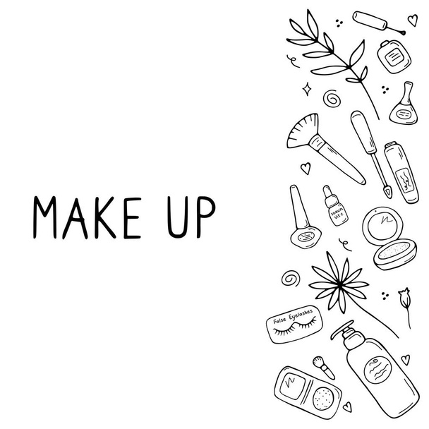 Set of makeup icons. Cosmetic products and accessories sketch. Fashion makeup banner. Simple cute beauty elements. Hand drawn doodle vector illustration. - Vetor, Imagem