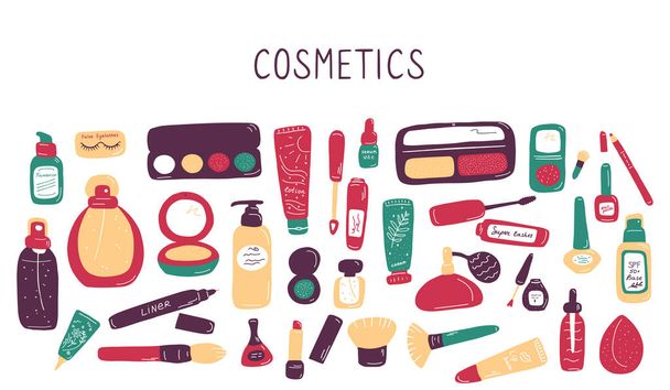 Visage set. Makeup and beauty elements. Skin Care Cosmetics and Decorations. Hand drawn doodle vector illustration. - Wektor, obraz