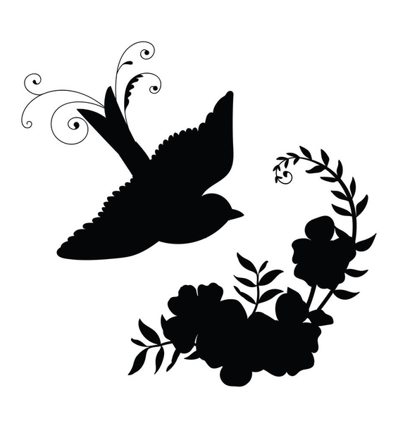 Vector template flying bird and decorative flowers. Black silhouette illustration isolated on white. For wedding invitation, design, print, t shirt, home decor, stickers, weather vane, application and tattoo. - Vektör, Görsel