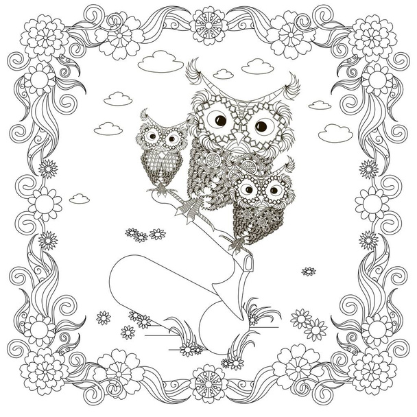 Owl on ax in deck in floral frame coloring page. Cut cartoons monochrome forest bird art design elements stock vector illustration for web, for print, for adult coloring book, coloring for children - Vektor, obrázek