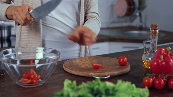Vista recortada de la mujer cortando tomates cherry en ensalada - Imágenes, Vídeo