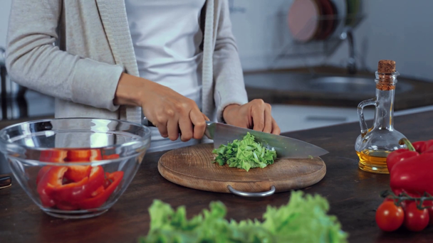 Vista recortada de mujer cortando lechuga para ensalada  - Metraje, vídeo