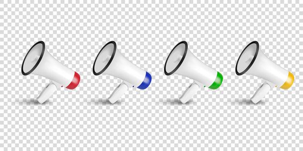 Vector Realistic 3d Simple White Megaphone Icon Set Closeup Isolated on Transparent Background. Design Template for Banner, Web, App, Advertising, Sale, Announcement - Vektor, Bild