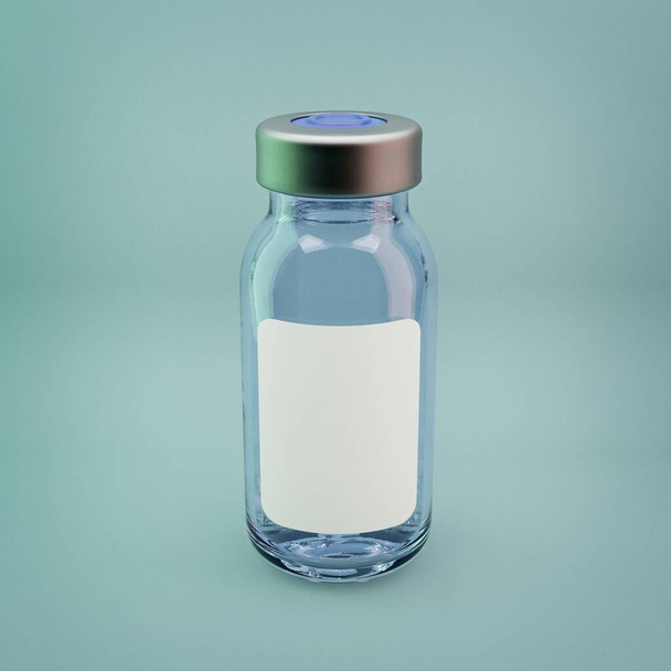 Flaconcino di vaccino isolato su fondo ciano. Illustrazione 3D sanitaria - Foto, immagini