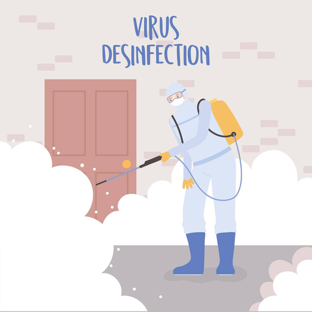 dezynfekcja wirusów, medyczna maska ochronna pracownika oraz dom do czyszczenia i dezynfekcji garnituru, covid 19 coronavirus, środek zapobiegawczy - Wektor, obraz
