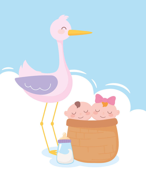 детский душ, аист с младенцами в корзине и бутылочном молоке, приветствие новорожденного - Вектор,изображение
