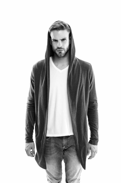 Fashion trend. Clothes daily wear. Menswear concept. Casual and comfortable. Male fashion influencer. Fashionable model man. Street style outfit. Handsome man with hood standing white background - Фото, зображення