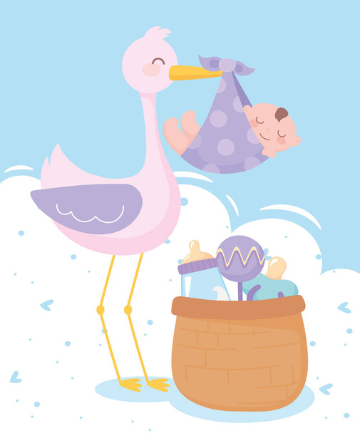 детская душевая кабина, аист с маленьким мальчиком в одеяле с корзиной гремучей смеси и успокаивателем, приветствие новорожденного - Вектор,изображение